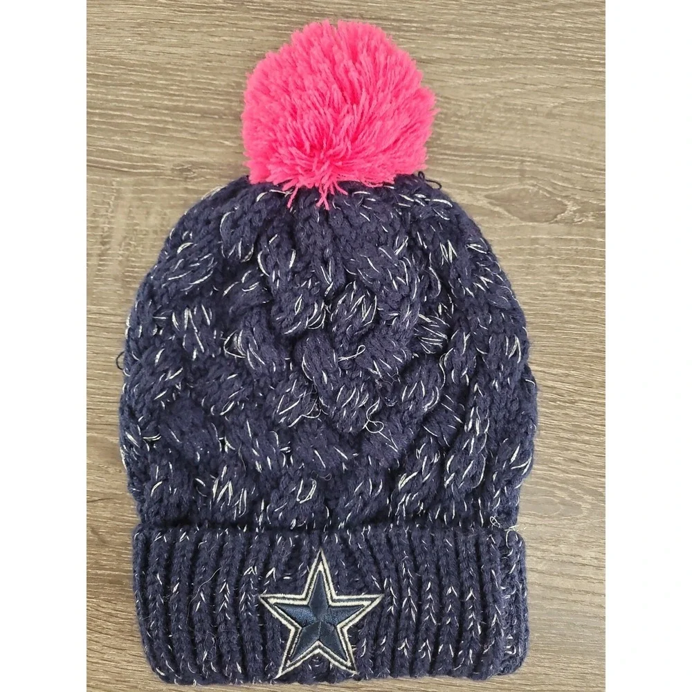 Dallas Cowboys Womens Knit Beanie Hat Navy Blue Pink Pom Pom Metallic‎ Thread